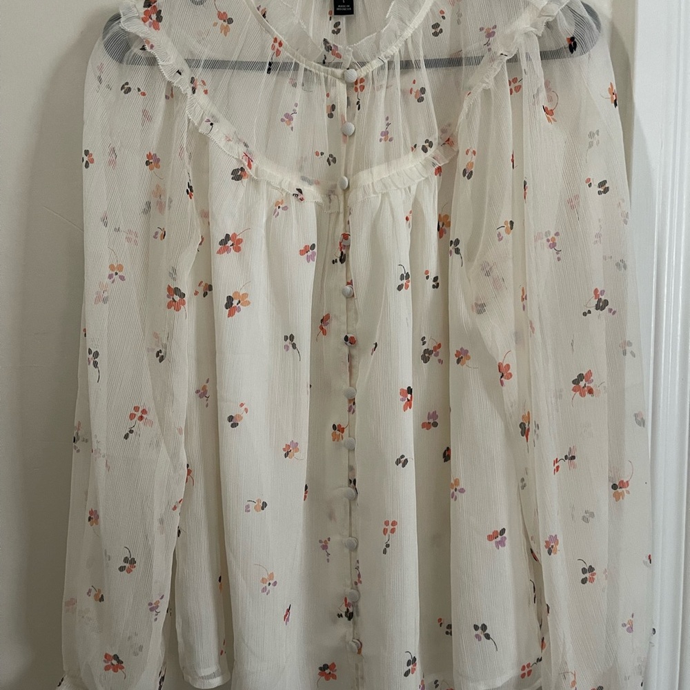 Ann Taylor Ruffled Tie Front Cream Pink Blouse